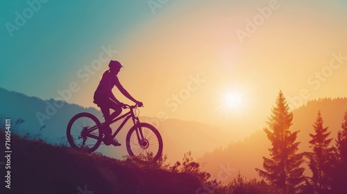 Cyclist Woman riding bike in helmets go in sports outdoors on sunny day a mountain in the forest. Silhouette female at sunset. Fresh air. Health care, authenticity, sense of balance and calmness.