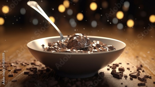 A bowl of chocolate is on a table with a spoon World Ai Generative photo