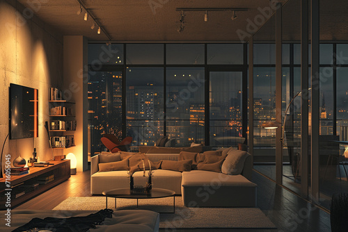 Modern minimalistic cozy apartment interior overlooking a city at night photo