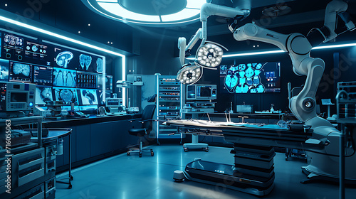 Um moderno teatro cirúrgico estéril é iluminado pelo suave brilho de telas e monitores de alta tecnologia