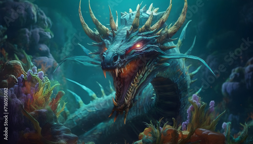 Fantasy digital art illustration, underwater sea dragon monster
