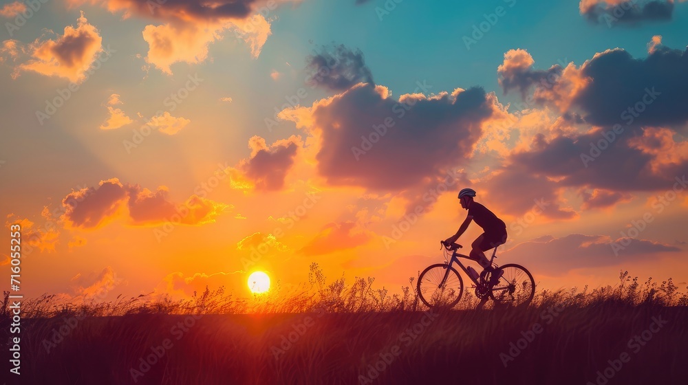 Fototapeta premium The cyclist rides on his bike at sunset. Dramatic background.