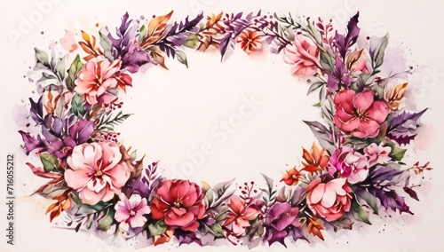 Floral ornament with bright purple and pink colors on the border, greeting card motif, wedding invitation card with blank center. Small leaves in watercolor style
