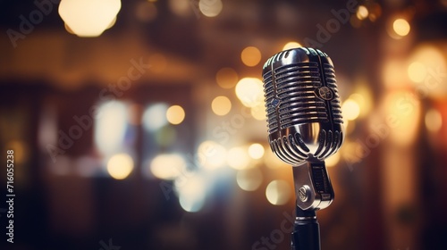 A well-worn microphone on a stage, bathed in a cinematic bokeh ambiance that adds depth to the scene.