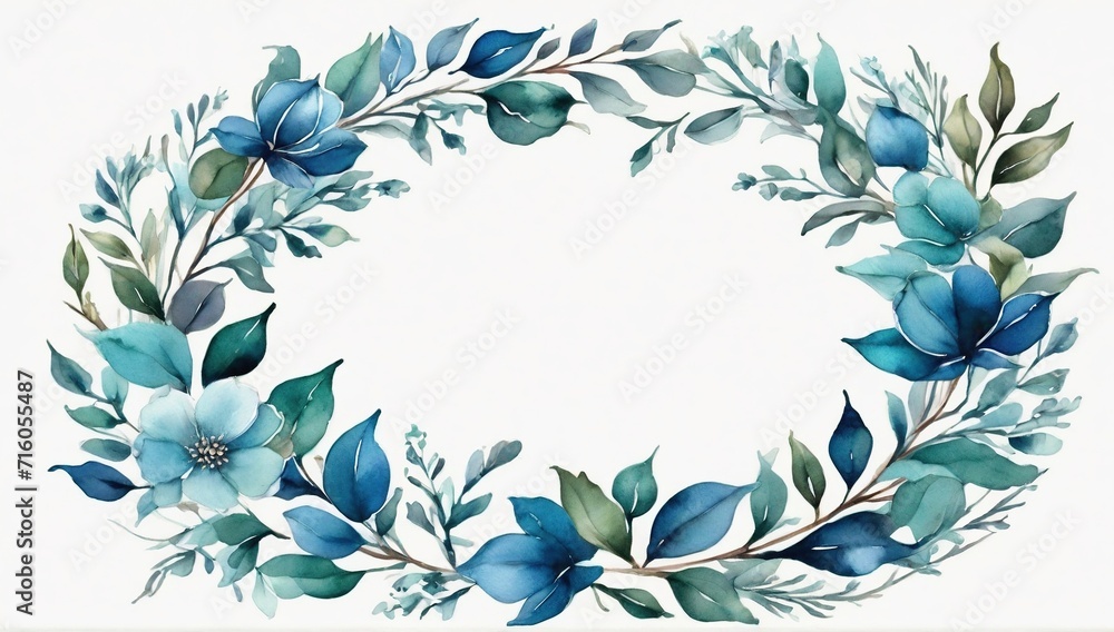 Floral ornament in bright blue and turquoise on the border, greeting card motif, wedding invitation card with blank center. Small leaves in watercolor style