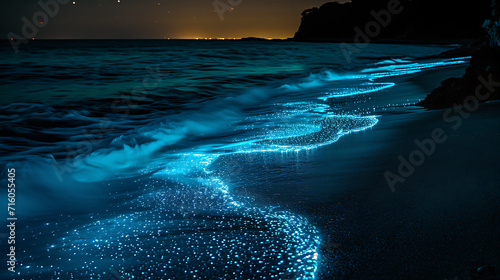 Uma praia tranquila iluminada pela lua ganha vida com o brilho etéreo do plâncton bioluminescente photo