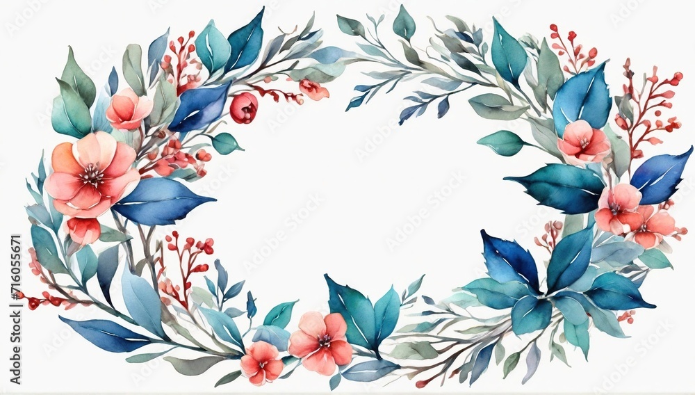 Floral ornament with bright blue and tosca colors on the border, greeting card motif, wedding invitation card with blank center. Small leaves in watercolor style