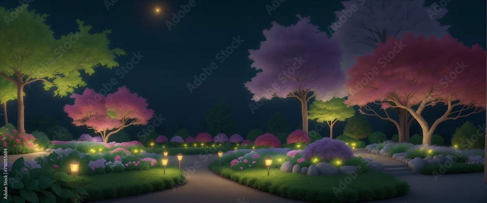 garden at night with colorful trees 