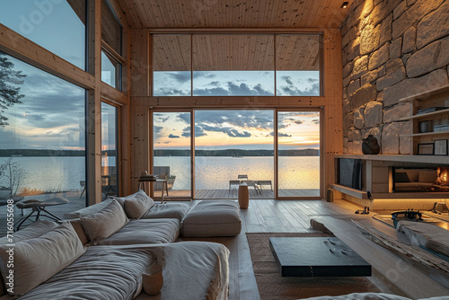 Interior of a modern lake cabin overlooking a lake