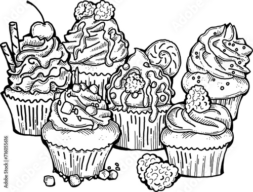 Sweet tasty dessert cupcake with cream and deco for morning breakfast in café or restaurant. Mini birthday cake for pleasure. Hand drawn retro vintage colorful vector illustration. Old style drawing.