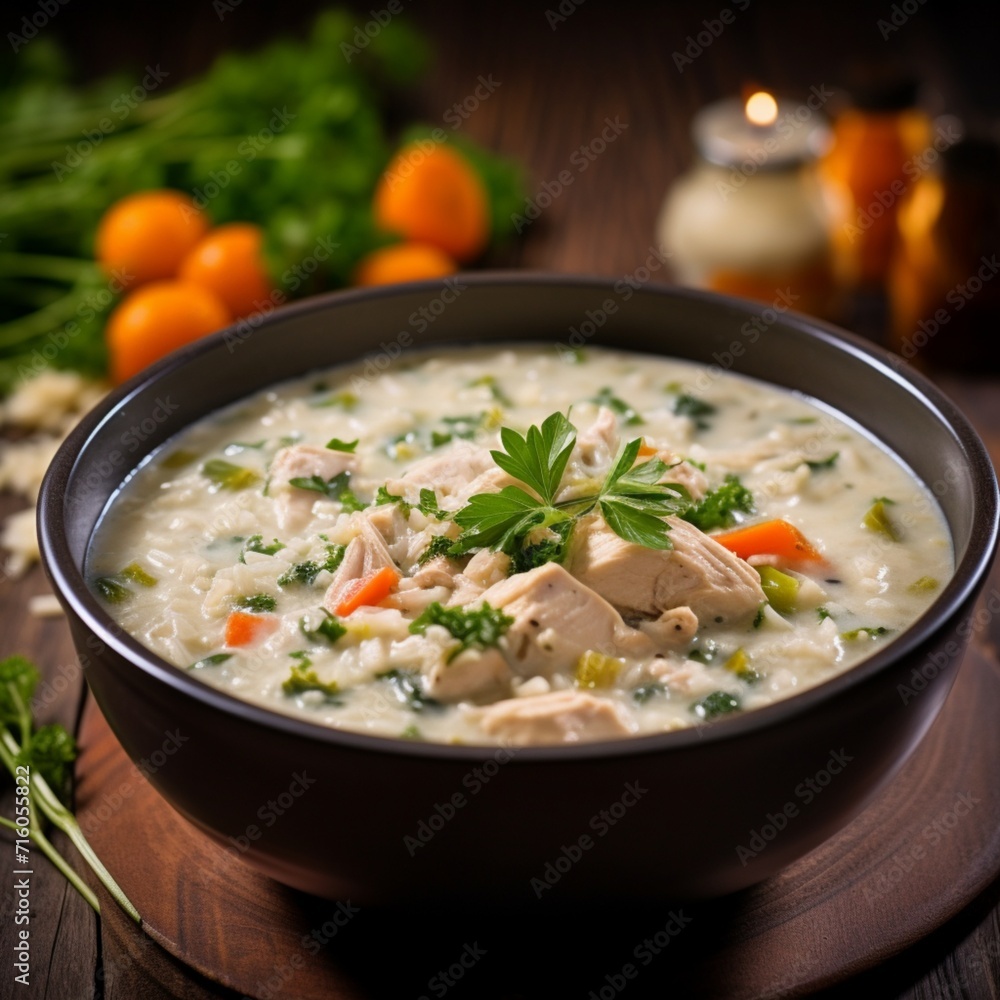 Warm your spirit with a cozy bowl of creamy chicken and rice soup, brimming with tender chicken and wholesome grains. A comforting homestyle soup that nourishes and delights.