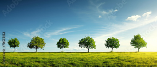 Serene Landscape of Lush Green Trees Standing Tall Against a Clear Blue Sky with Wispy Clouds
