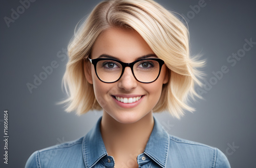 blonde girl with glasses looks into the frame and smiles