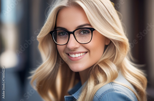 blonde girl with glasses looks into the frame and smiles