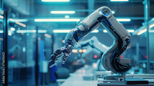Braços robóticos industriais futuristas movem-se com precisão e agilidade no chão da fábrica integrando-se perfeitamente com os trabalhadores humanos em uma dança harmoniosa de eficiência