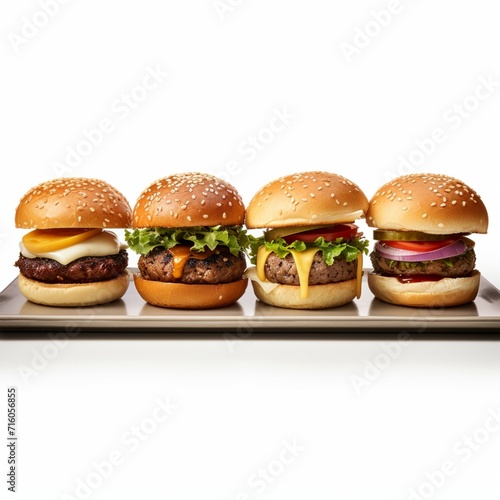 Embark on a mini culinary adventure with a slider trio sampler featuring mini burgers adorned with different toppings. Presented on a white background, this sampler promises a variety of flavors in ea