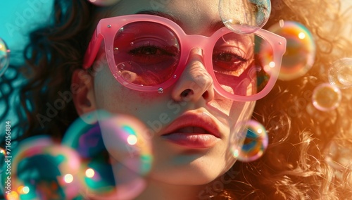 A stylish woman embraces the outdoors, donning pink sunglasses and a hat, as she gazes through her bubble-like goggles with a radiant human face