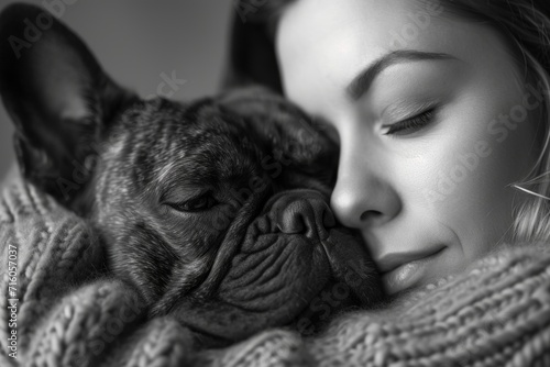 A serene moment captured as a woman lovingly closes her eyes while snuggled up with her faithful pug and gentle bulldog, showcasing the bond between pet and person in a cozy indoor setting