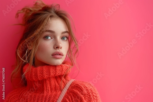 A stylish woman embraces her inner barbiecore with a pink turtleneck sweater while shopping indoors, her striking red lip and confident pose standing out against the plain white wall © lagano