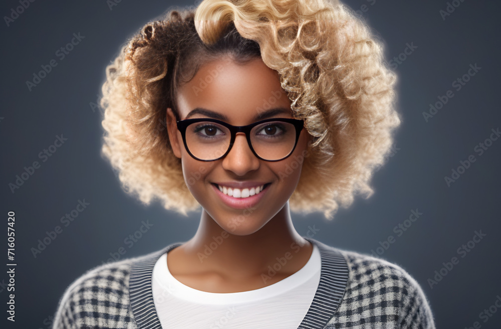 
dark-skinned girl with blond curly  hair smiles, looks into the frame