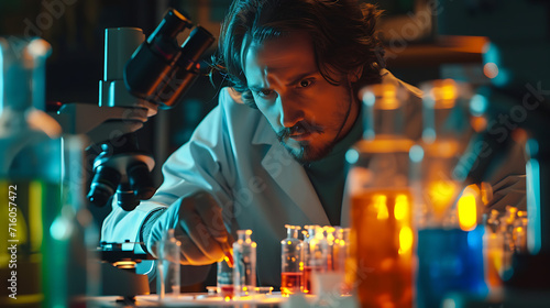 Em um laboratório mal iluminado um cientista observa atentamente através de um microscópio capturando as marcantes formas abstratas de bactérias vibrantes e vírus intrincados photo