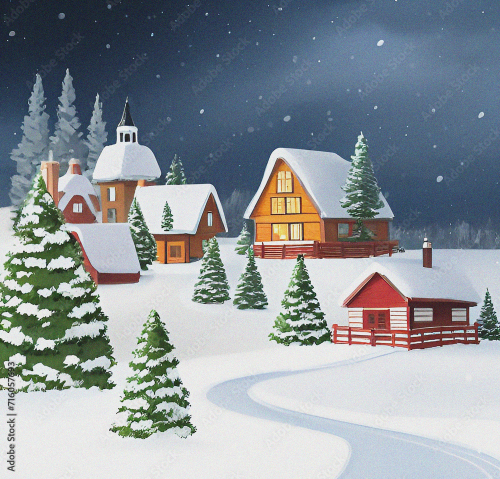 Fototapeta premium Winter landscape with sky and houses. Colorful illustration, background, wallpaper. Christmas card design. New year flyer