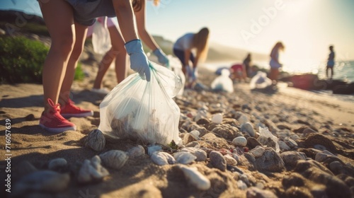 Closeup of a group of teenagers collecting trash from a beach, part of a youthled coastal cleanup initiative. photo
