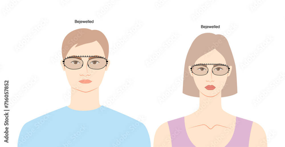 Bejewelled frame glasses on women and men flat character fashion accessory illustration. Sunglass front view unisex silhouette style, rim spectacles eyeglasses, lens sketch outline isolated on white Bejewelled frame glasses on women and men flat character fashion accessory illustration. Sunglass front view unisex silhouette style, rim spectacles eyeglasses, lens sketch outline isolated on white