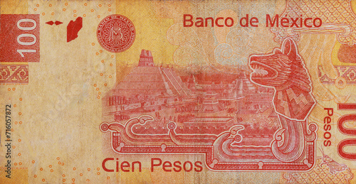Mexican money bills currency Mexico 100 pesos banknote close up photo