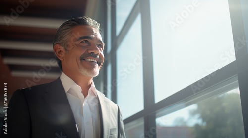 Mexican middle age business man looking at the windows 