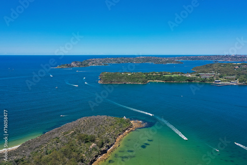 High angle aerial drone view of Grotto Point and Middle Head in the suburb of Mosman, Sydney, New South Wales, Australia. South Sydney in the background.