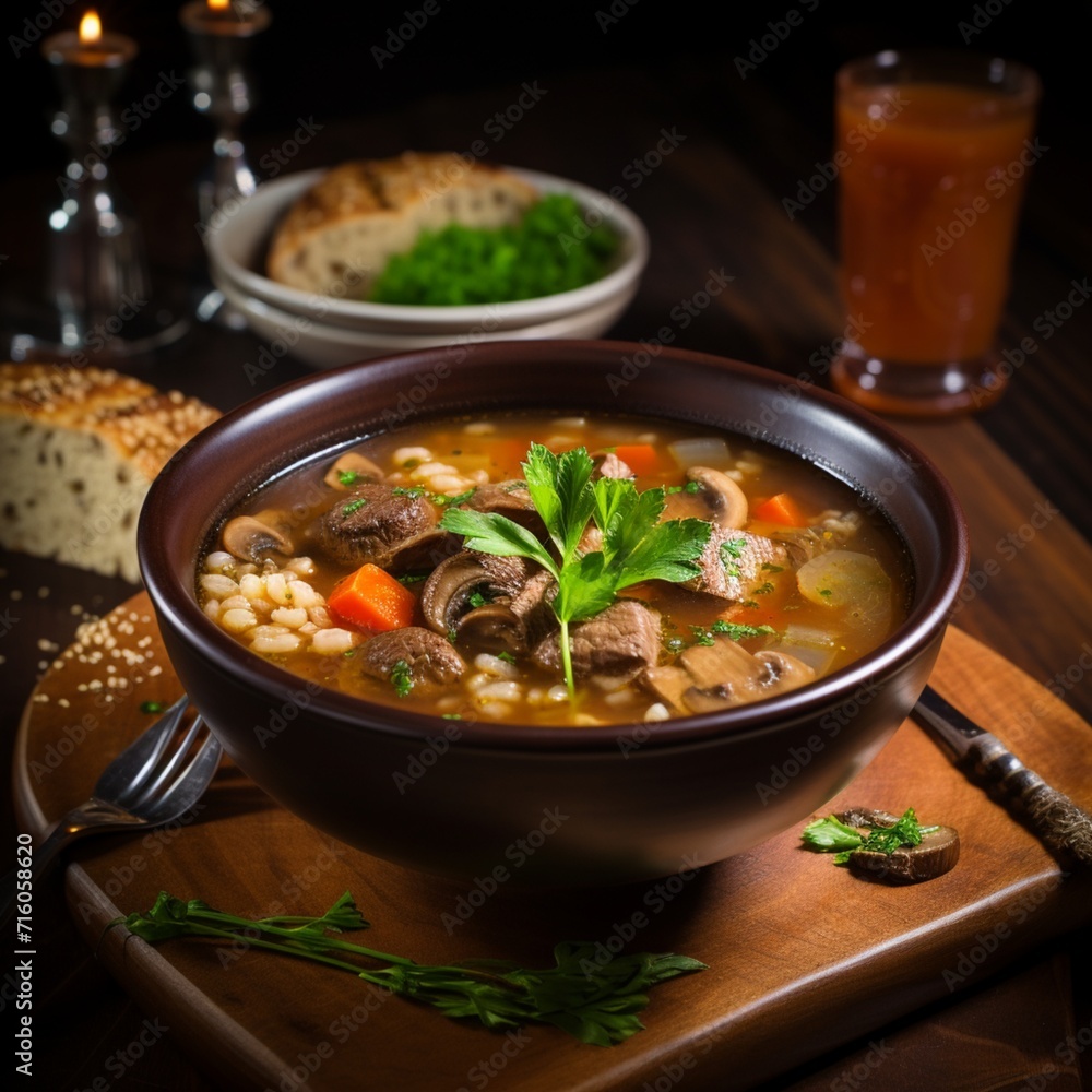 Warm your soul with a satisfying bowl of beef and barley soup, featuring hearty chunks of beef, barley grains, and a flavorful broth. A comforting dish that brings homestyle goodness to your table. Warm your soul with a satisfying bowl of beef and barley soup, featuring hearty chunks of beef, barley grains, and a flavorful broth. A comforting dish that brings homestyle goodness to your table.