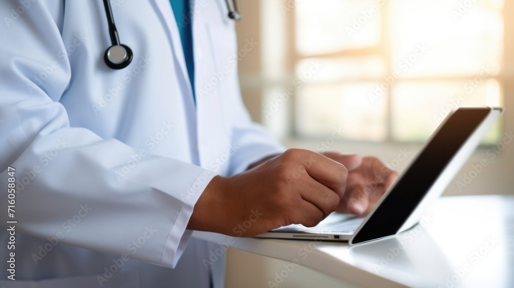 Detailed view of a persons hand holding a tablet while engaged in a telehealth visit with a medical professional. Detailed view of a persons hand holding a tablet while engaged in a telehealth visit with a medical professional.