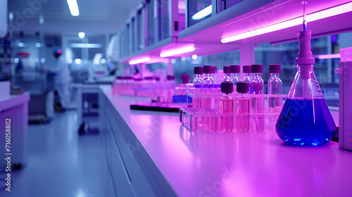 Num laboratório moderno iluminação fluorescente vibrante ilumina as superfícies estéreis e elegantes lançando um brilho futurista sobre o equipamento de ponta e maquinaria intricada photo