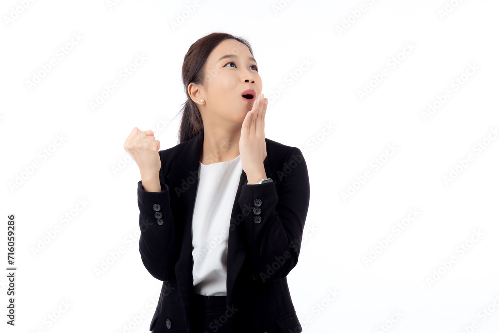 Portrait young asian businesswoman in suit standing with excited isolated white background, business woman is manager or executive thinking and idea with imagination with success, business concept. Portrait young asian businesswoman in suit standing with excited isolated white background, business woman is manager or executive thinking and idea with imagination with success, business concept.