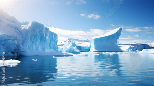 Frozen Solitude: A Breathtaking Symmetry of Crystal Icebergs under Sunlit Blue Skies