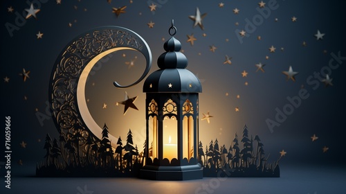 Ramadan kareem and eid fitr islamic concept background illustration with lantern, stars and blossom flowers in paper cutting style 3D for wallpaper, greeting card and flyer. photo