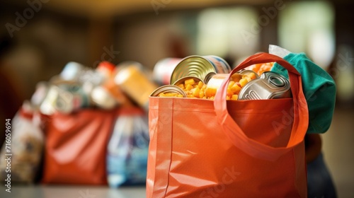 Closeup of a bag filled with canned goods, highlighting the act of volunteering at a food drive or stocking a local food pantry.