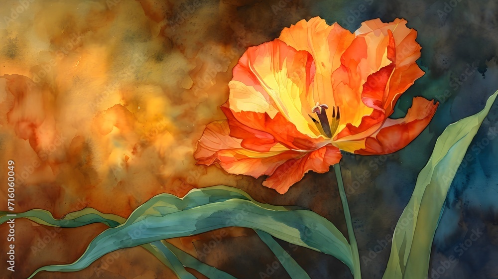 Vibrant Watercolor Tulip on Abstract Background