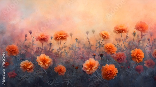 Dreamy Orange Marigold Field with Misty Background