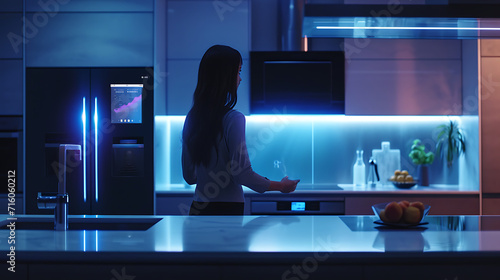 Em uma cozinha minimalista e elegante uma pessoa fica em frente a um refrigerador inteligente com a mão suspensa sobre um painel de tela sensível ao toque brilhante  A iluminação  L photo
