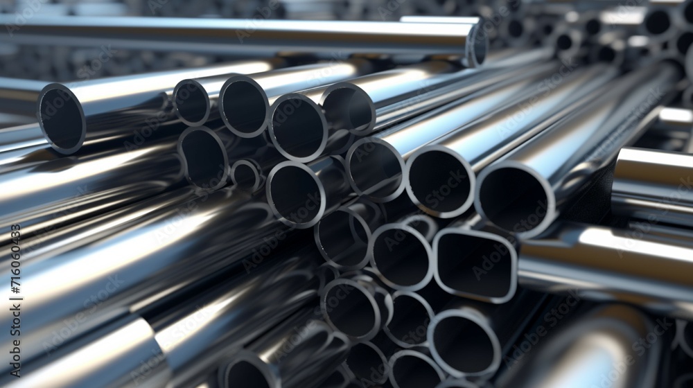 A stack of stainless steel tubes with the word steel Ai Generative A stack of stainless steel tubes with the word steel Ai Generative
