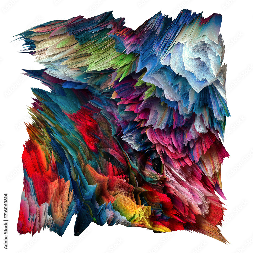 Obraz premium Abstract, explosive and colorful 3D element on transparent background. Modern and contemporary feel. Dynamic, bursting movement with shades of blue, cyan, red, magenta, pink, orange, green, black