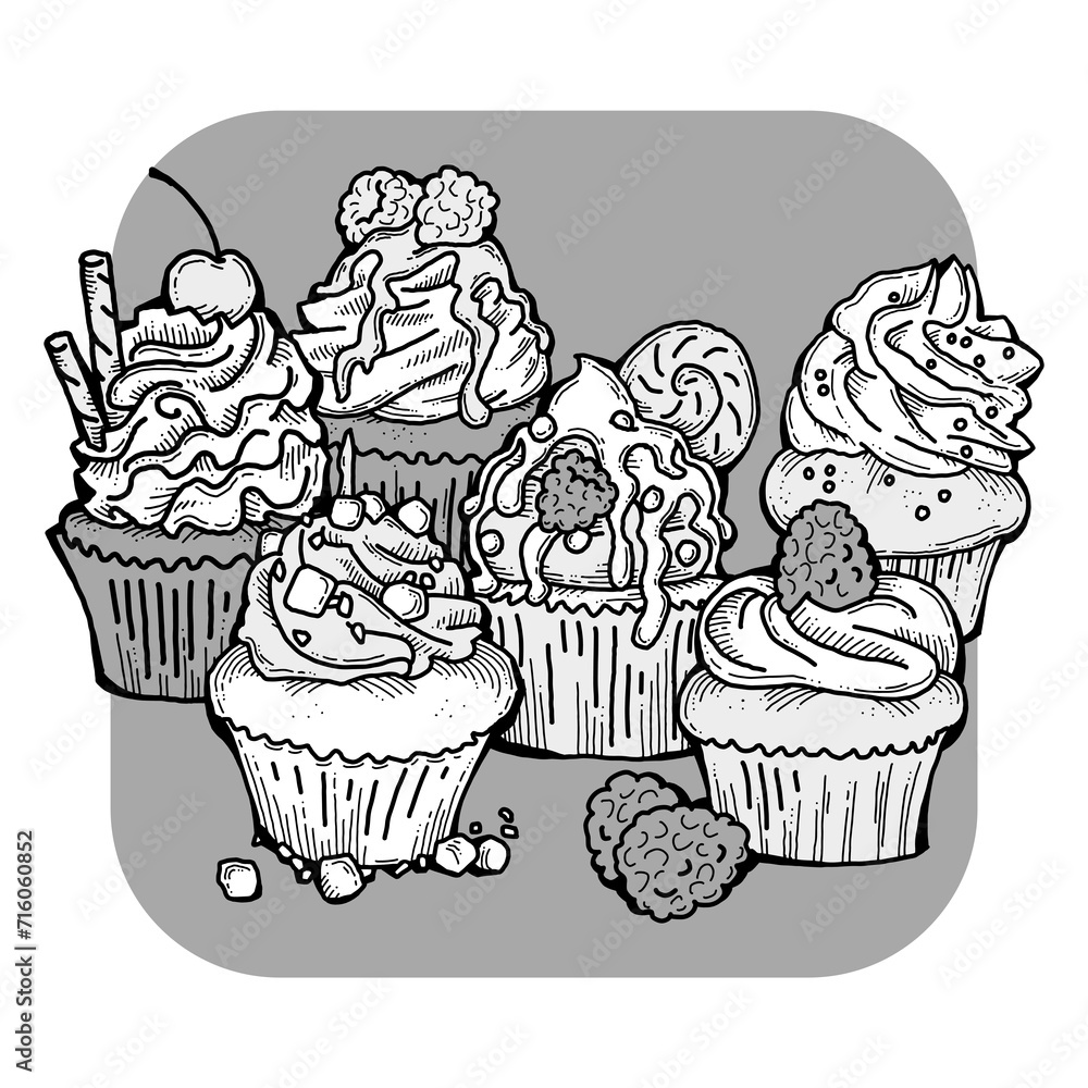 Sweet tasty dessert cupcake with cream and deco for morning breakfast in café or restaurant. Mini birthday cake for pleasure. Hand drawn colorful retro vintage illustration. Old style drawing. Sweet tasty dessert cupcake with cream and deco for morning breakfast in café or restaurant. Mini birthday cake for pleasure. Hand drawn colorful retro vintage illustration. Old style drawing.