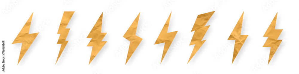 Lightning bolt, crumpled paper texture, cardboard. Flash symbol, thunderbolt. Simple lightning strike sign. Vector illustration Lightning bolt, crumpled paper texture, cardboard. Flash symbol, thunderbolt. Simple lightning strike sign. Vector illustration