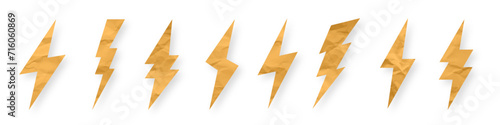Lightning bolt, crumpled paper texture, cardboard. Flash symbol, thunderbolt. Simple lightning strike sign. Vector illustration