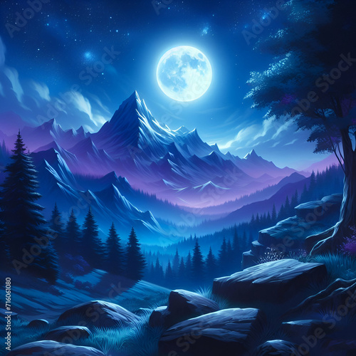 Purple Blue Wonderful Dreamy Cold Pixie Dust Starry Sky Night Distant Ridge Full Celestial Moon Moonrise Shimmering Light & Beautiful Majestic Unearthly Mountains Spectacular Serene Alien Nature