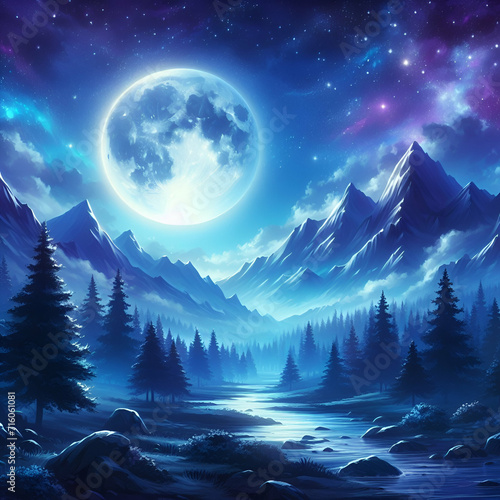 Purple Blue Wonderful Dreamy Cold Pixie Dust Starry Sky Night Distant Ridge Full Celestial Moon Moonrise Shimmering Light & Beautiful Majestic Unearthly Mountains Spectacular Serene Alien Nature