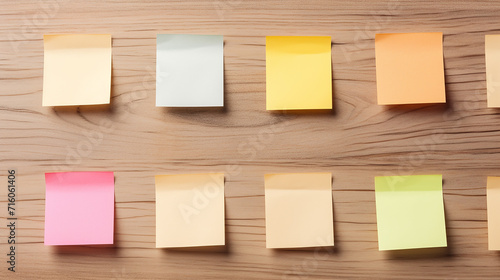 Colorful sticky notes on wooden background. View from above with copy space