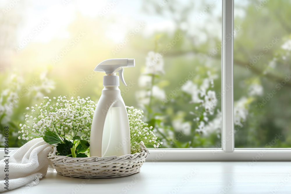 Spring cleaning background with white bottle mock up by the window in the kitchen Spring cleaning background with white bottle mock up by the window in the kitchen
